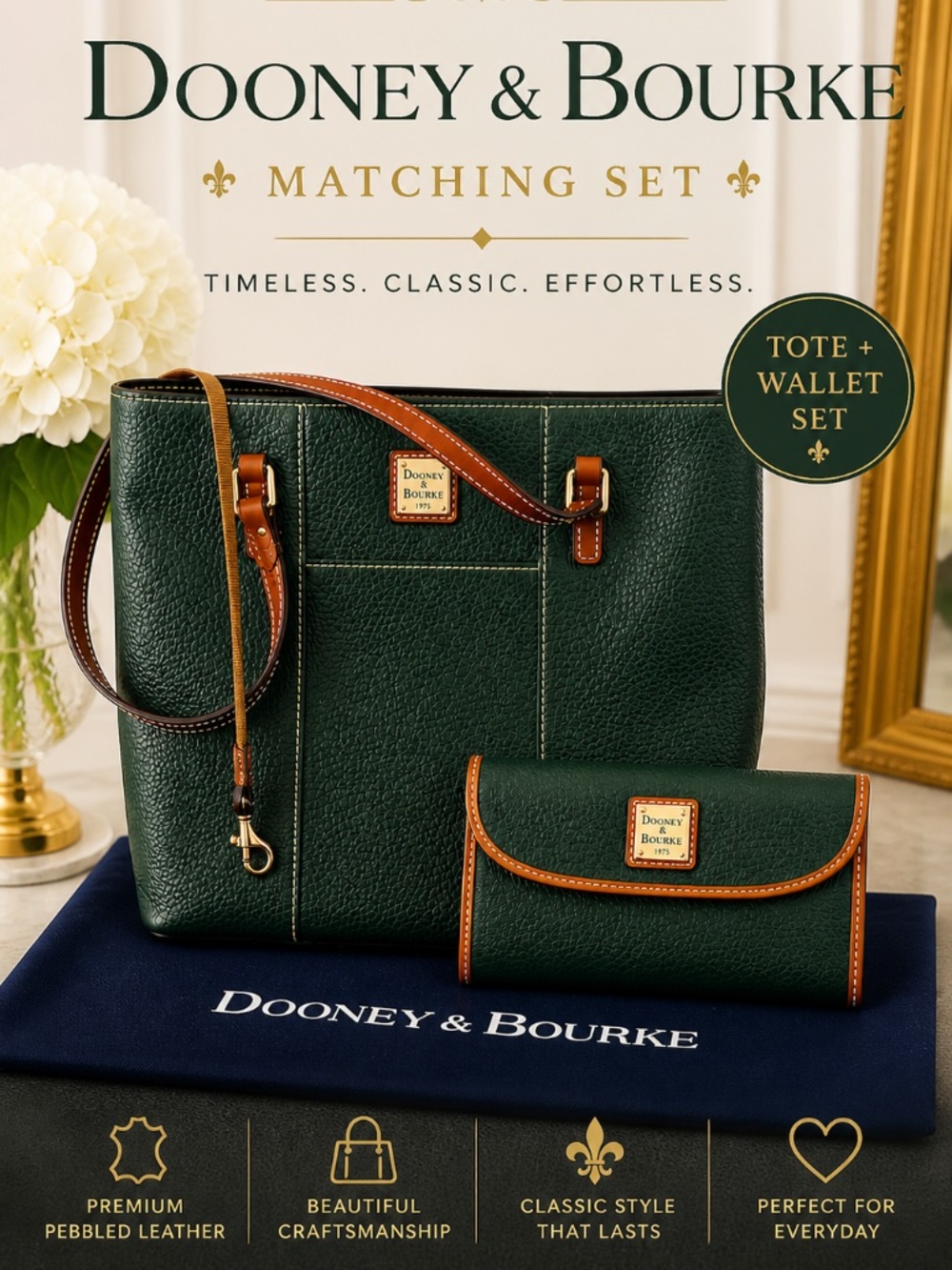 Dooney & Bourke Green Pebbled Leather Tote + Matching Wallet Set.